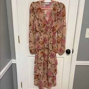 Dress Forum Pink and Brown Floral Long Sleeve Dress
